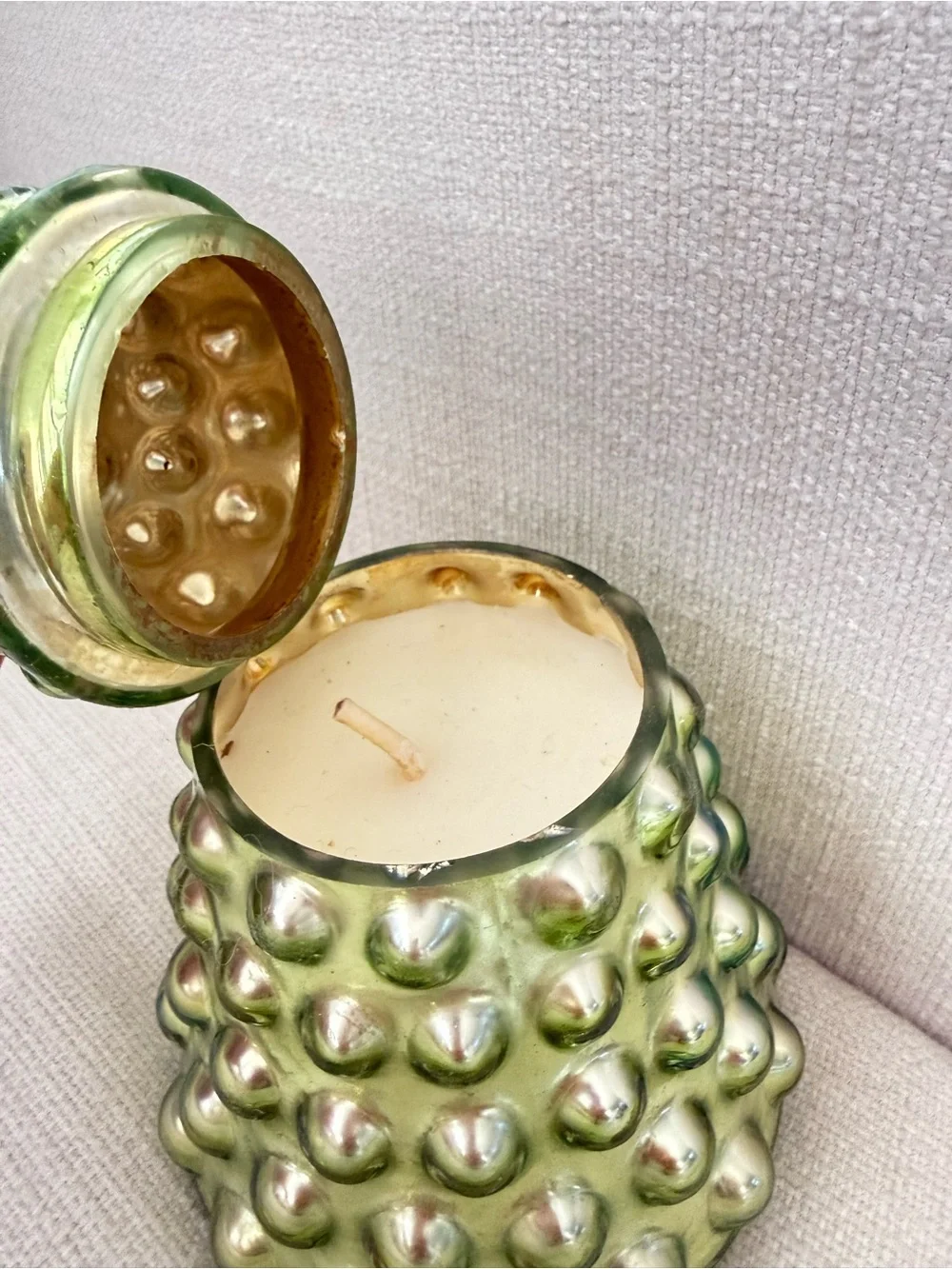 Anthropologie Green Iridescent Hobnail Glass Christmas Tree fragranced candle